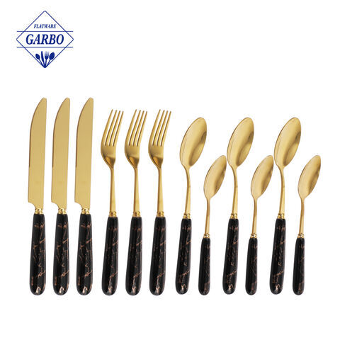 Gold Plated 12 pieces stainless steel flatware set black marble design cutlery set ceramic handle mirror polished table utensil set