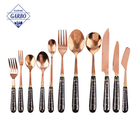 Gold Plated 12 pieces stainless steel flatware set black marble design cutlery set ceramic handle mirror polished table utensil set