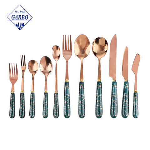 Rose gold plated flatware set with green ceramic handle for party