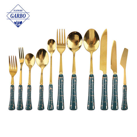 European golden flatware set 18/10 stainless steel cutlery set with white marble ceramic handle