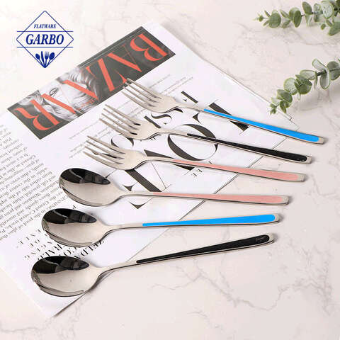 dessert fork and spoon flatware set with colorful painted dinnerware set