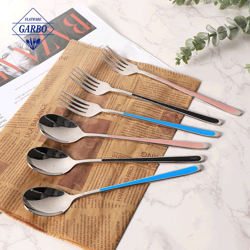 dessert fork and spoon flatware set with colorful painted dinnerware set