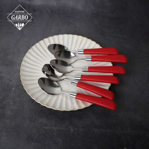 Wholesale cheap price flatware spoon with bright red plastic handle 