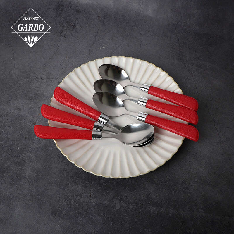 Wholesale cheap price flatware spoon with bright red plastic handle 