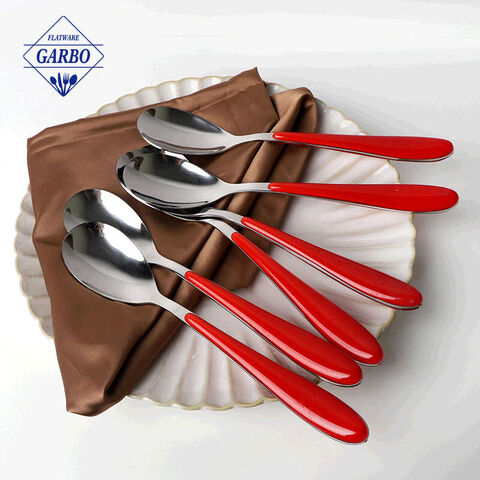 Best selling silver color body stainless steel spoons with bright  red plastic handle 