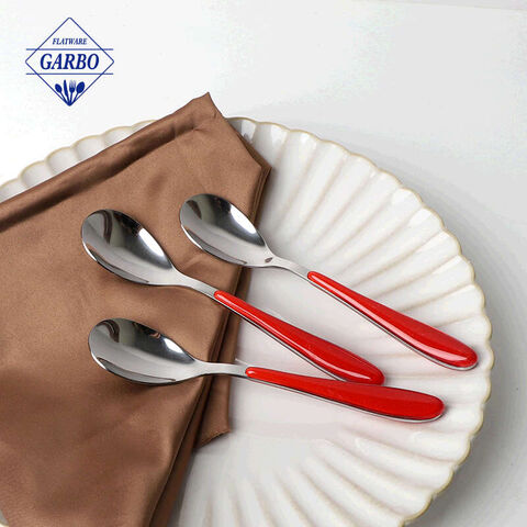 Best selling silver color body stainless steel spoons with bright  red plastic handle 