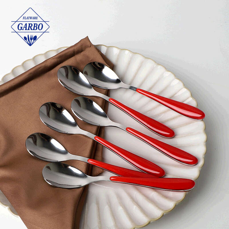 Best selling silver color body stainless steel spoons with bright  red plastic handle 