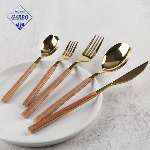 Tableware Golden Cutlery Set with ABS Wooden Design Plastic Handle