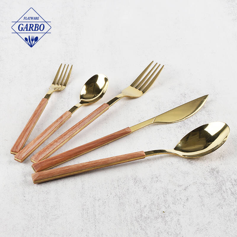 Tableware Golden Cutlery Set with ABS Wooden Design Plastic Handle