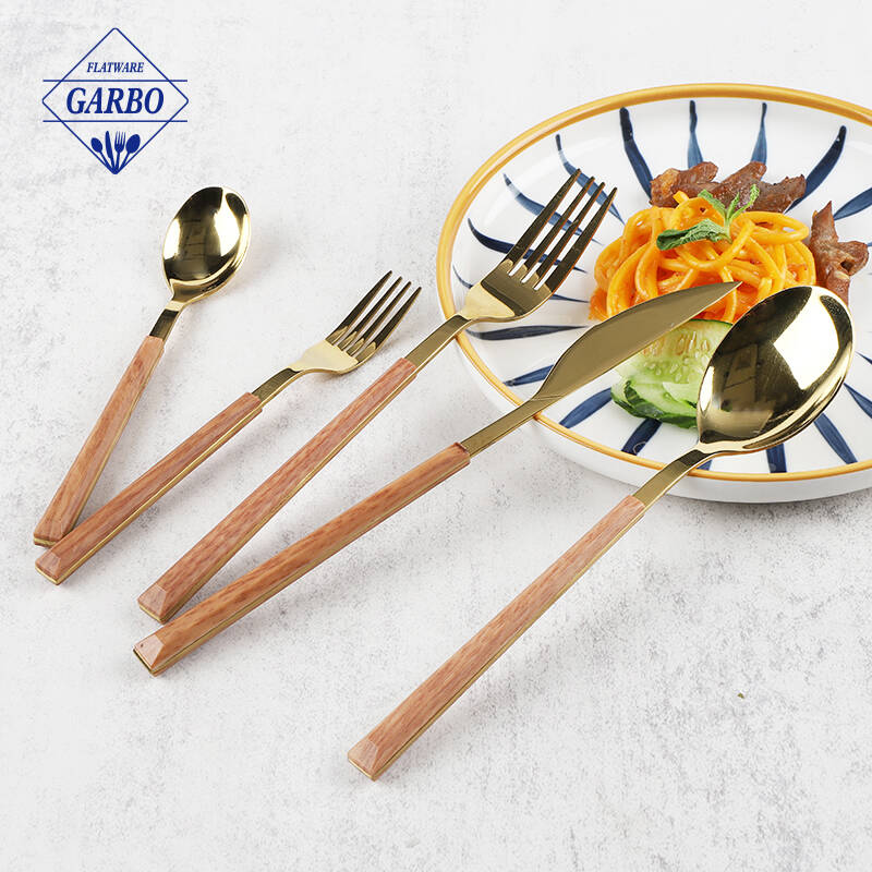 Tableware Golden Cutlery Set with ABS Wooden Design Plastic Handle