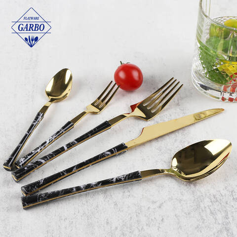 Pegangan Plastik Marmer Pinggang Kecil PVD Golden Stainless Steel Mirror Polished Cutlery Set