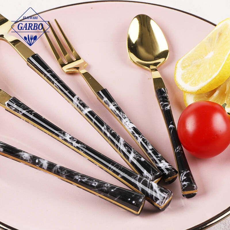 Tiny Waist Marble Plastic Handle PVD Golden Stainless Steel Mirror Polished Cutlery Set