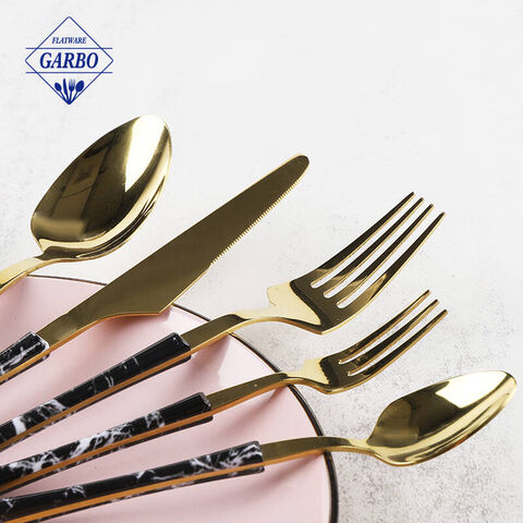 Tiny Waist Marble Plastic Handle PVD Golden Stainless Steel Mirror Polished Cutlery Set