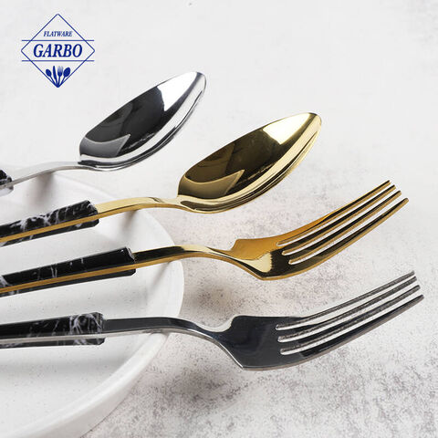 Tiny Waist Marble Plastic Handle PVD Golden Stainless Steel Mirror Polished Cutlery Set