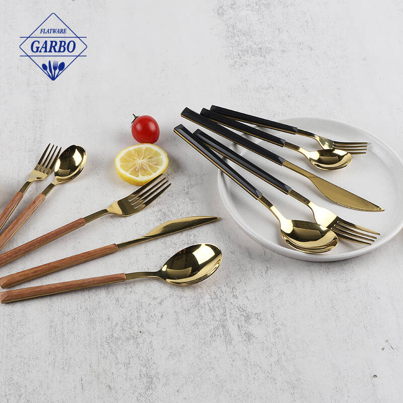 430 stainless steel golden color flatware set 24pcs cutlery with black ABS handle