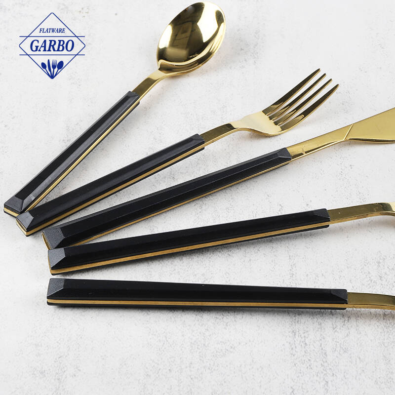 430 stainless steel golden color flatware set 24pcs cutlery with black ABS handle