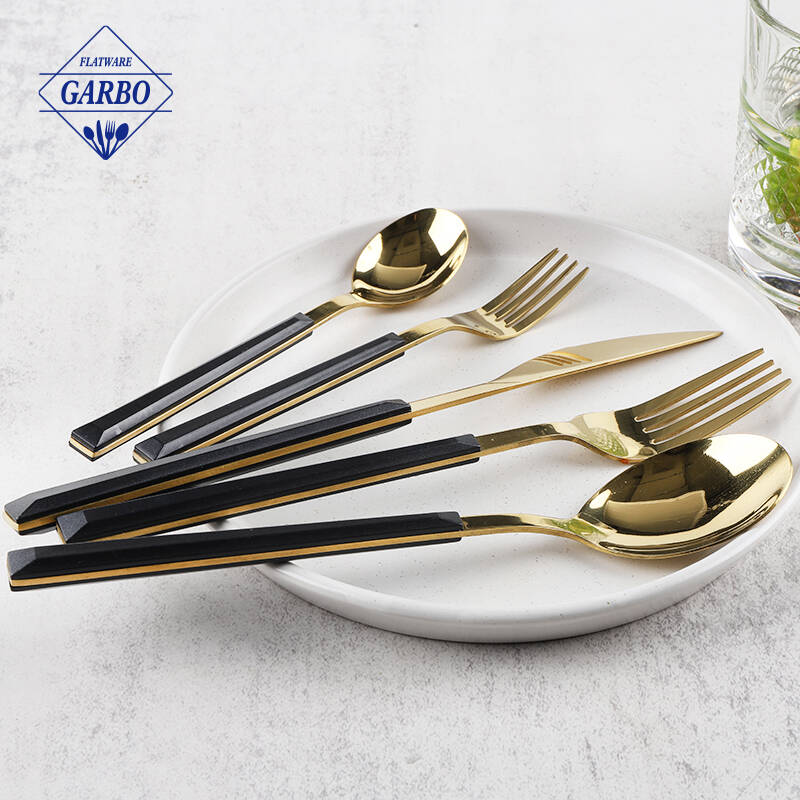 shinning golden color mirror polish flatware marble handle cutlery set