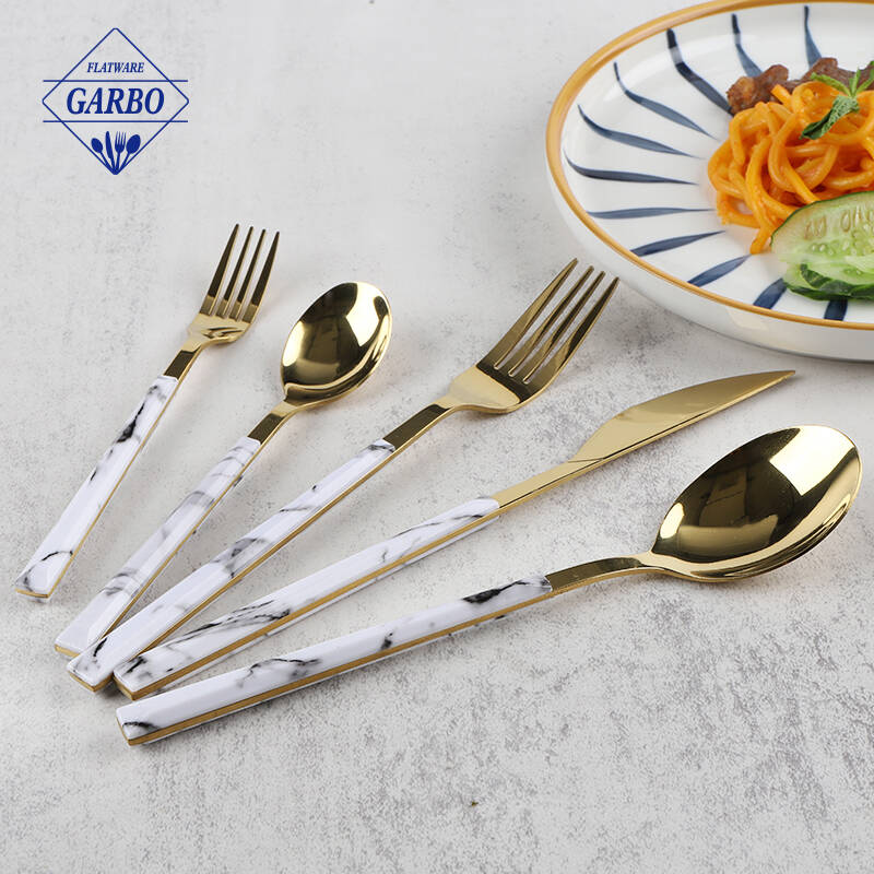 shinning golden color mirror polish flatware marble handle cutlery set