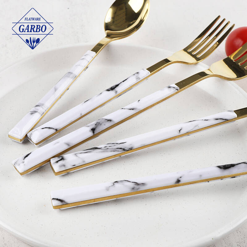 shinning golden color mirror polish flatware marble handle cutlery set
