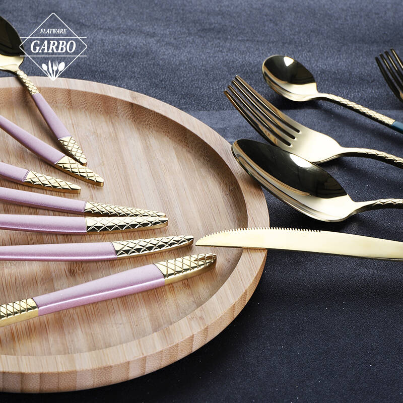 Mirror Polished PVD Golden Stainless-Steel Flatware Sets with Decorative Pink Handle