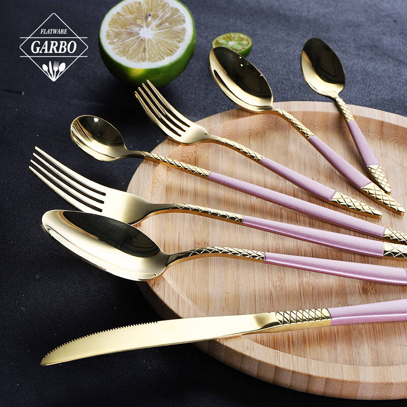 Mirror Polished PVD Golden Stainless-Steel Flatware Sets with Decorative Pink Handle