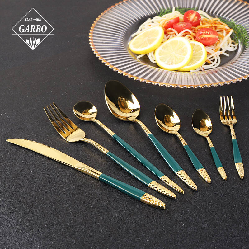 glänzende goldene Farbe Hochglanz-Edelstahl-Besteck-Set Lager kleines MOQ-Besteck