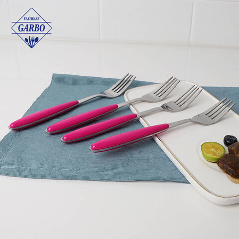 Tenedor de cena de acero inoxidable con diseño de mango de plástico de color rosa, gran oferta en supertienda