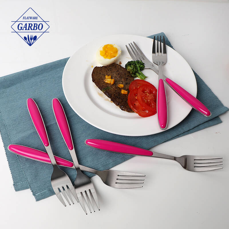 pink color plastic handle design inox dinner fork hot sale in super store