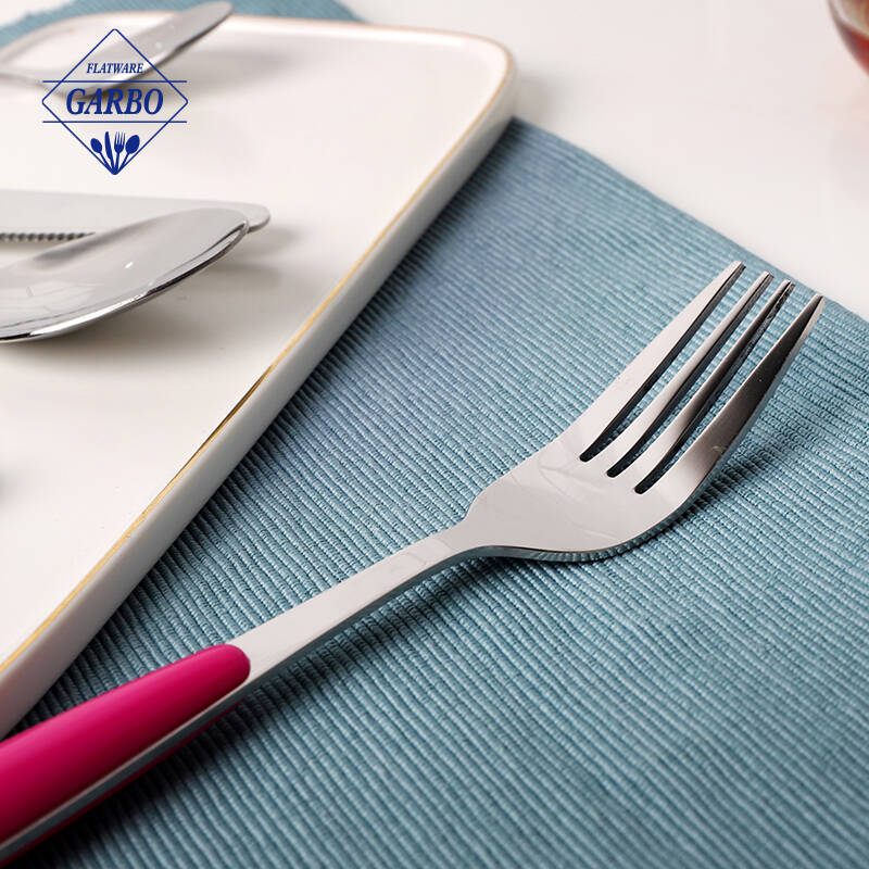 pink color plastic handle design inox dinner fork hot sale in super store