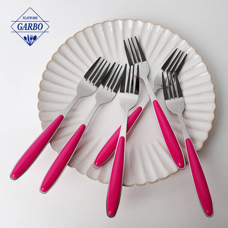 kulay pink na plastic handle na disenyo inox dinner fork hot sale sa sobrang tindahan