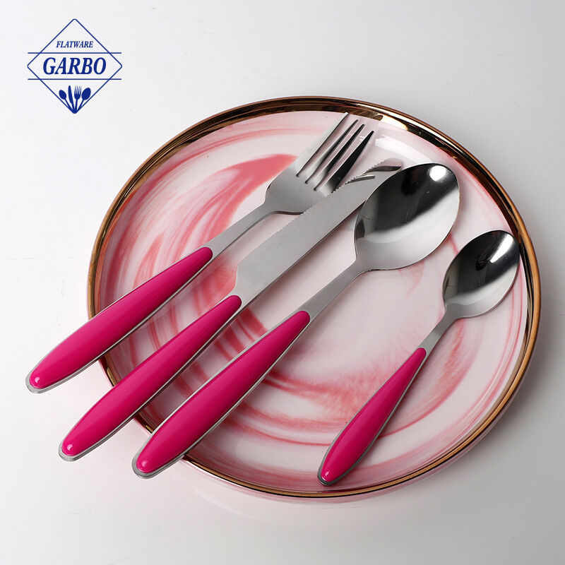Wholesale cheap 410ss stainless steel dinner dessert fork with red plastic handle for restaurant
