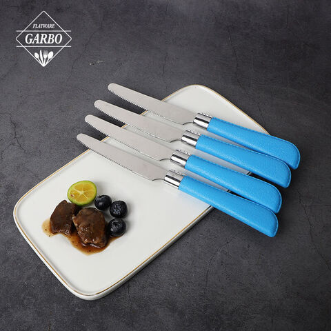 Stainless steel dinner knife with blue plastic handle for South America market