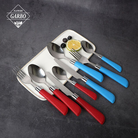 Stainless steel dinner knife with blue plastic handle for South America market