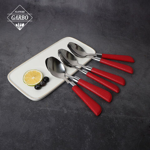 Muỗng ăn tối có tay cầm màu đỏ 430(18-0) dụng cụ nhà bếp bằng thép không gỉ sản xuất tại Trung Quốc