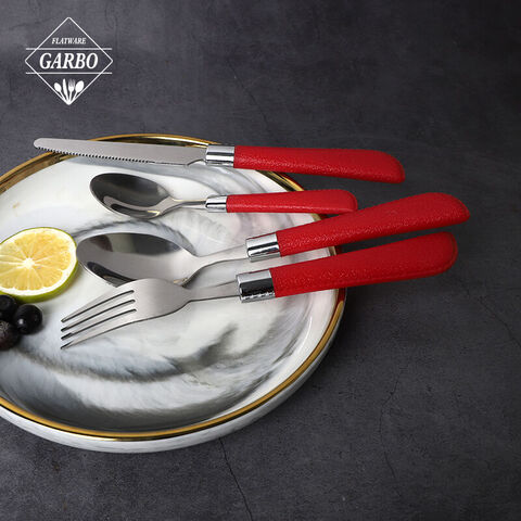 Bright red plastic handle inox flatware set for dinner