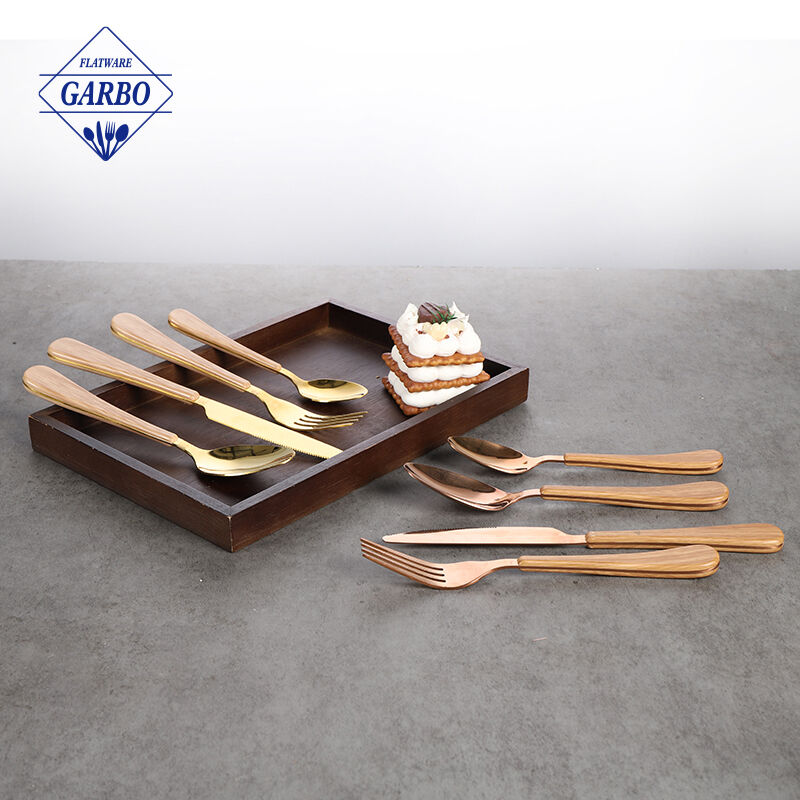 Set di posate ecologiche in acciaio inossidabile dorato con manico in plastica ABS sandwich con stampa in legno