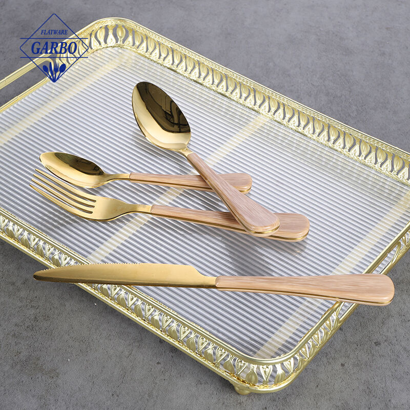 Factory direct sale new design rose gold cutlery set with wood printing plastic handle