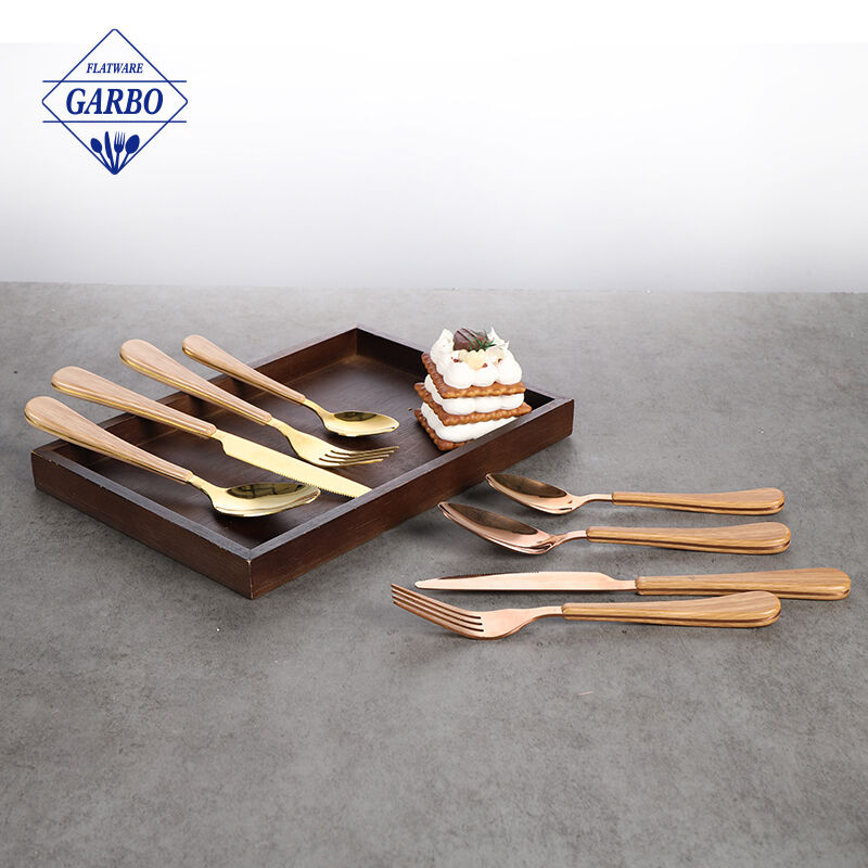 Factory direct sale new design rose gold cutlery set with wood printing plastic handle