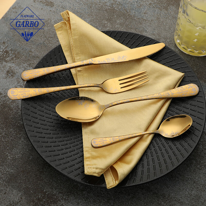 Golden Stainless Steel Cutlery Set with Elegant Laser Designs