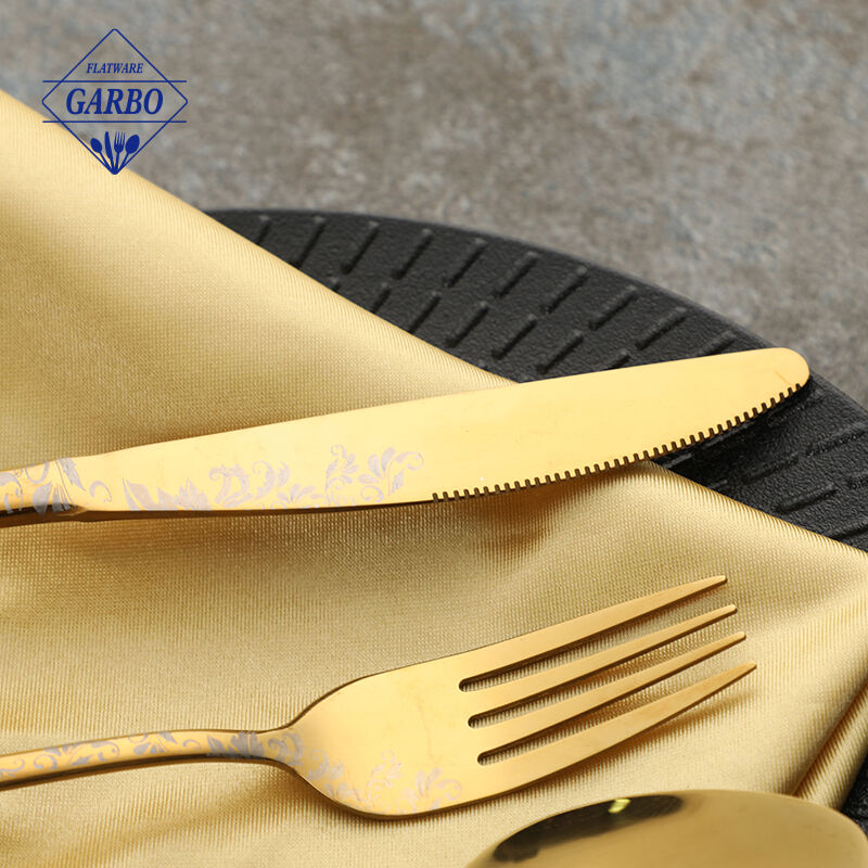 Golden Stainless Steel Cutlery Set with Elegant Laser Designs