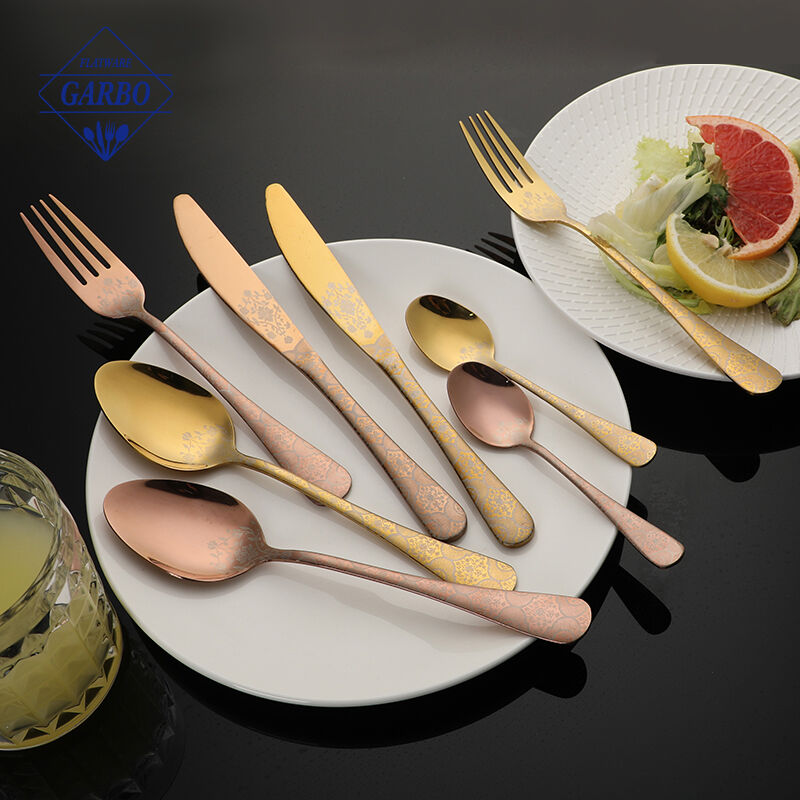Wholesale 24 Piece 410 Stainless Steel Cutlery Set with PVD Gold Finish and Laser Pattern