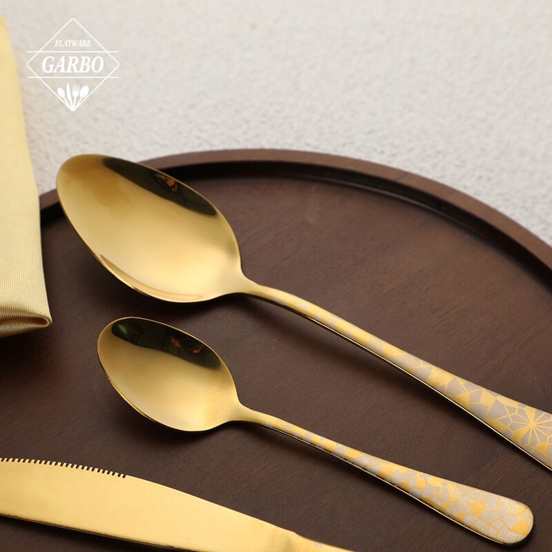 Wholesale 24 Piece 410 Stainless Steel Cutlery Set with PVD Gold Finish and Laser Pattern