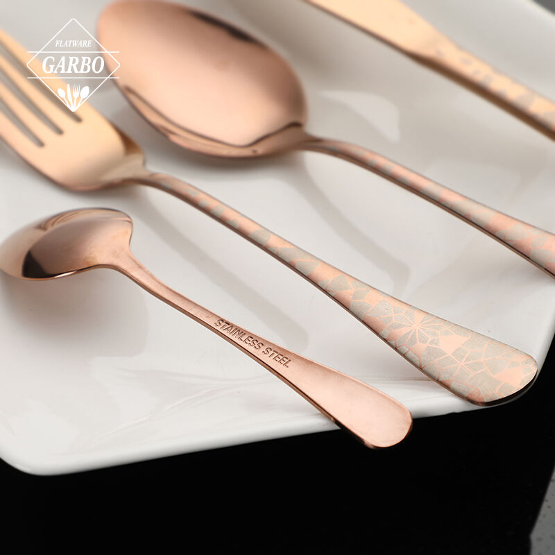 Wholesale 24 Piece 410 Stainless Steel Cutlery Set with PVD Gold Finish and Laser Pattern
