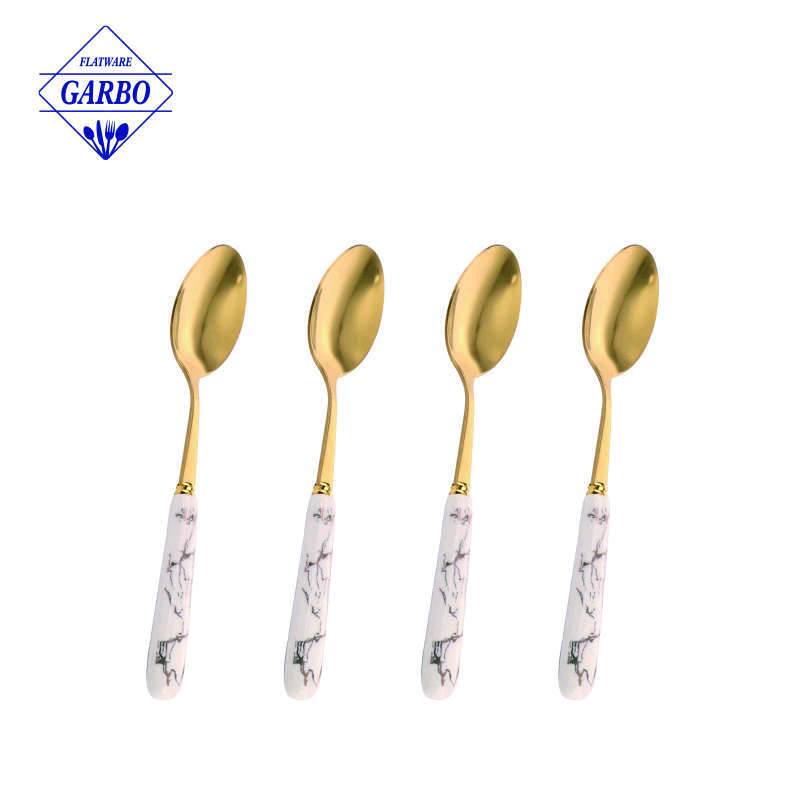 White marble design ceramic handel stainless steel dinner spoon