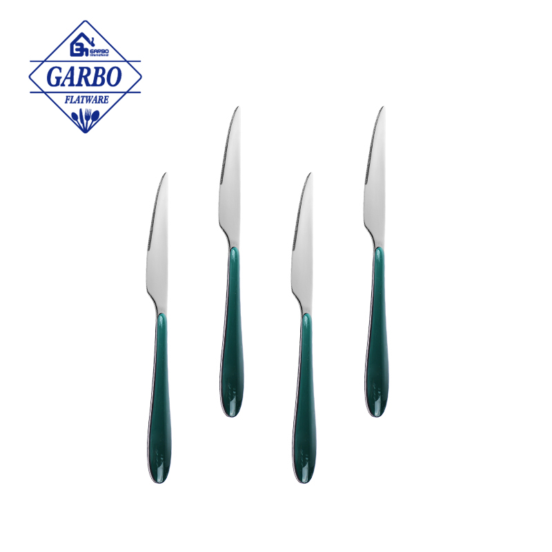 在庫の安い価格のステンレス鋼の食器緑色のプラスチック ハンドルのステーキ ナイフ