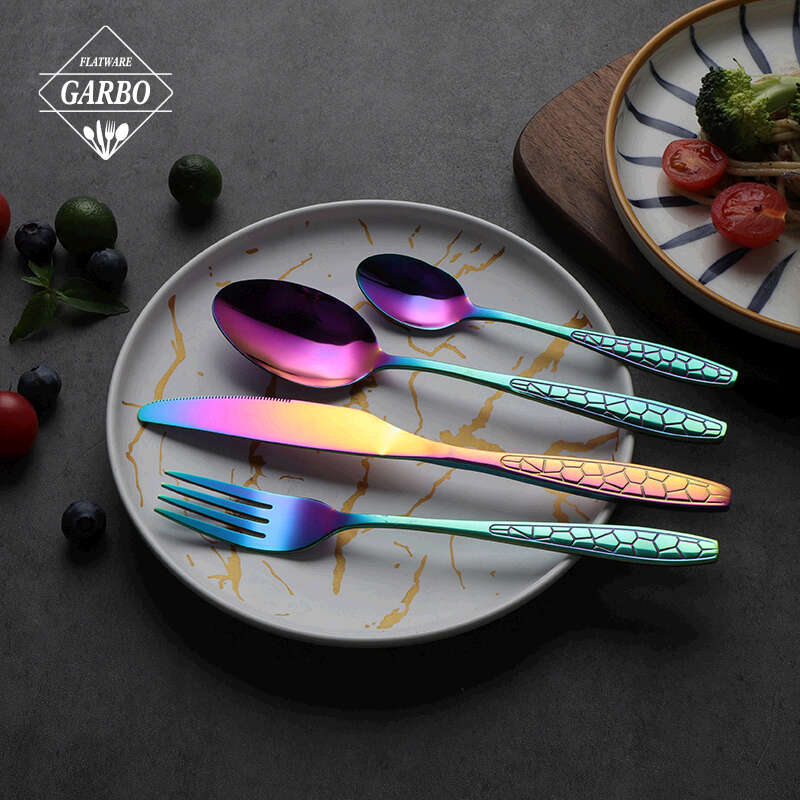 Luxurious engraved handle colorful electroplating 13/0 stainless steel 4 pcs cutlery set