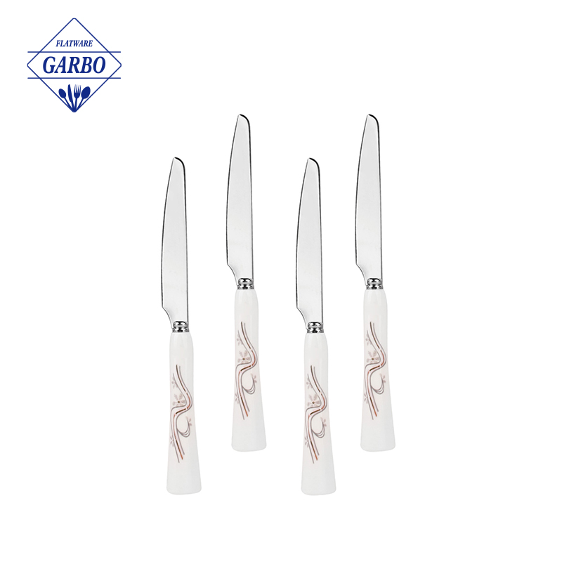 410 Stainless Steel Elegant White Color Flower Patter Ceramic Handle Silver Dinner Knife