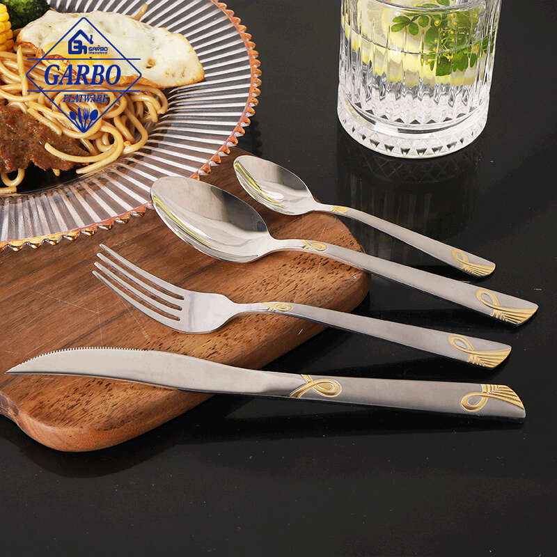 high end water polish cutlery set golden accessory embossed flatware
