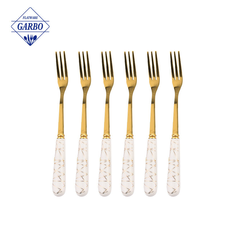 Set garpu makan malam emas dengan pemegang marmar seramik 6 pcs set pisau garpu sudu keluli tahan karat garpu pencuci mulut peralatan makan set peralatan emas
