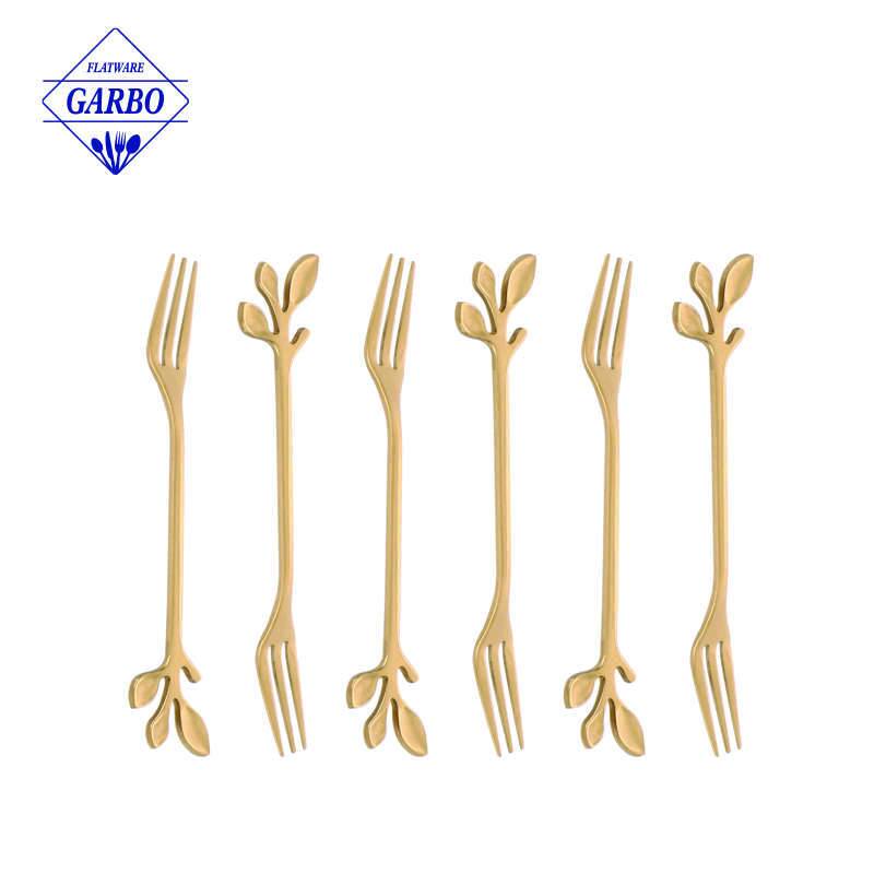 6 Pcs Stainless Steel Gold Leaf Creative Appetizer Cake Fruit Forks Set 4.7 Inches Tasting Dessert Forks Kitchen Accessory Wedding Party